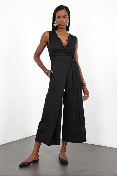 5in1Canpolat Black Linen Double Breasted Jumpsuit 1030