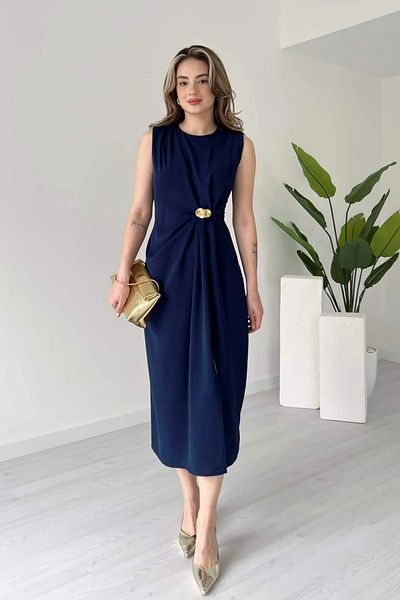 Aventien Navy Blue Midi Dress with Brooch Detail and Gathered Slit