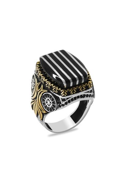 Tesbihane Erzurum Oltu Taşı Üzerine Gümüş Dikey Şerit İşlemeli Koleksiyonluk 925 Ayar Gümüş Erkek Yüzük