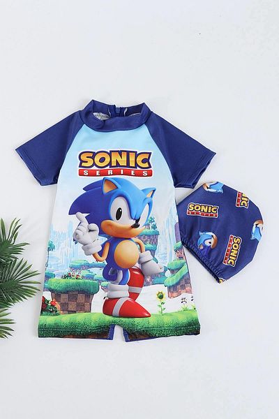 YARENKİDS Boy's Character Patterned Uw Protected Jumpsuit Swimsuit with Bonnet