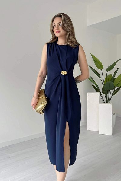 Aventien Navy Blue Midi Dress with Brooch Detail and Gathered Slit