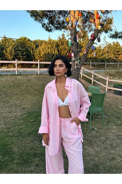 MY LİKA Oversize Set with Strawberry Linen Shirt