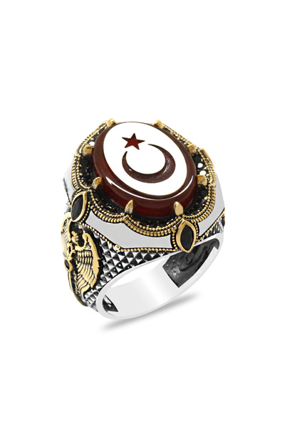 Tesbihane Kırmızı Kehribar Üzerine Ayyıldız Desenli Çift Başlı Kartal Detaylı 925 Ayar Gümüş Erkek Yüzük