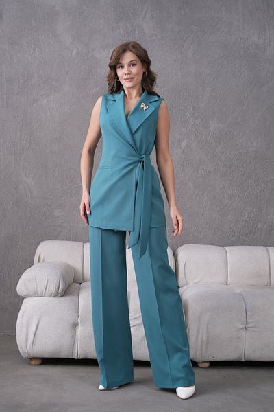 nodilife Women's Suit with Belted Brooch Detail Vest Turquoise