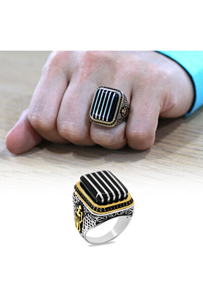 Tesbihane Dikdörtgen Tasarım Kenarları Zirkon TaşlıKoleksiyonluk 925 Ayar Gümüş Erzurum Oltu Taşı Erkek Yüzük