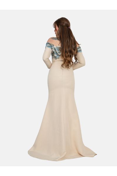 Nice Model Symphony of Leaves Dress – Elegant Off-Shoulder Floral Embroidered Crepe Gown for Women