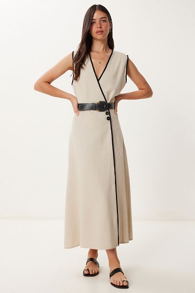 Lovelyİstanbul Wrap Collar Belted Midi Linen Dress Cream Lwf0038