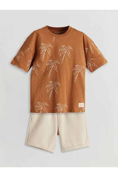 LC Waikiki Lcw Kids Brown Printed Cotton Boys T-Shirts and Shorts 2-Piece