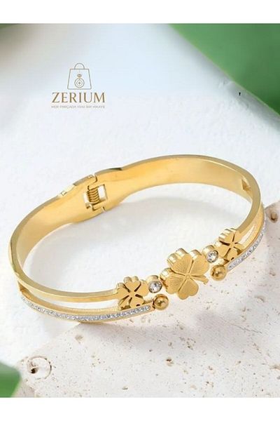 ZERİUM Grace of Luck – Gold Color Plated Women's Bracelet with Rhinestone Embroidery