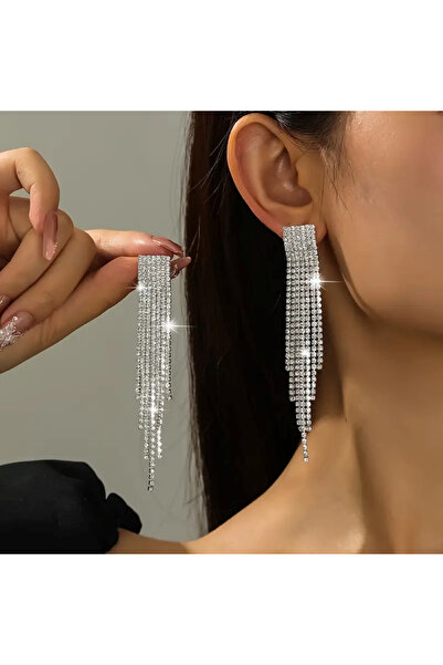 Estilo Lingerie أسيان موديل أقراط فضية اللون من حجر الزركون طويل متدلي للسهرة...