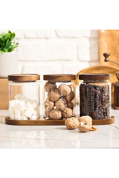 MATMEL 3-Piece Glass Spice Rack with Stand - Transparent / Brown - 400 ml