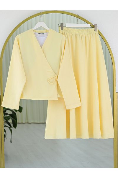 Modamorfo Linen Suit with Side Tie Skirt - Light Yellow