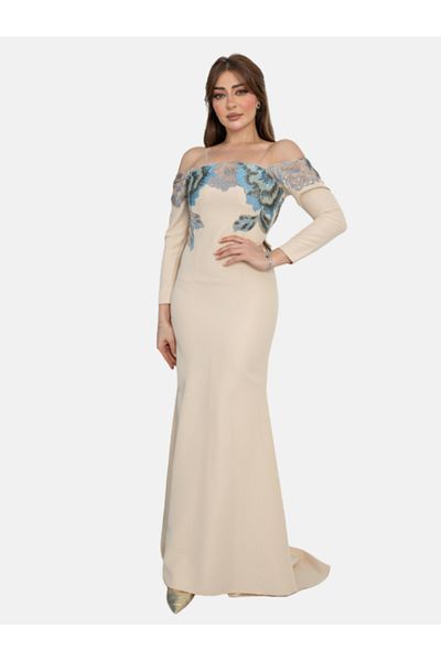 Nice Model Symphony of Leaves Dress – Elegant Off-Shoulder Floral Embroidered Crepe Gown for Women