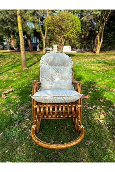 KLAS BAMBU Sallanan Bambu Berjer Koltuk – Minderli, Doğal Renk, Şık ve Konforlu Tasarım