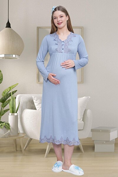 Mecit Pijama Mecit 1519 Blue Maternity Dressing Gown Nightgown Pajama Set