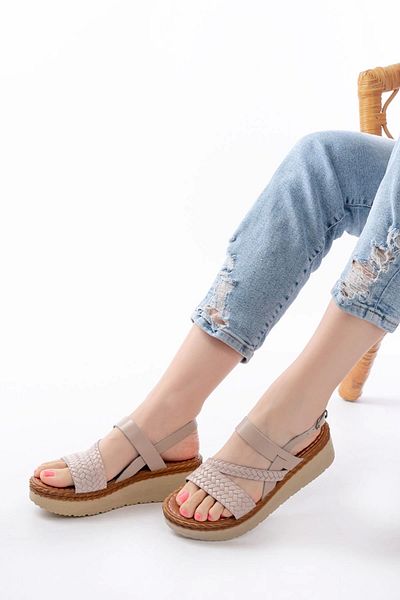 TB Terzi Bey 730-152 Beige Knitted Patterned Genuine Leather Orthopedic Sole Women's Sandals