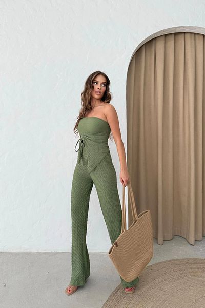 MOZENA Strapless Gathered Crop and Trousers Seersucker Two-Piece Set