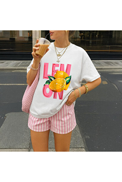 EZ Design طبعة ليمون - تي شيرت كبير الحجم