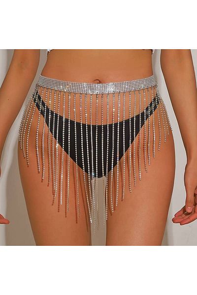 Estilo Lingerie Dubai Stone Fringed Silver Color Pareo Skirt, Luxury Pareo, Bikini Swimsuit Accessory