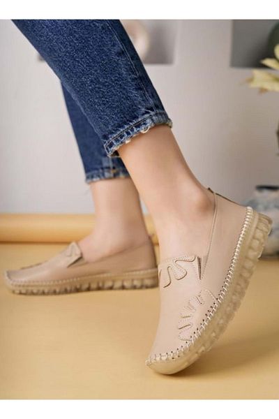 KOCAMANLAR Ayakdaş Saddler Detailed Genuine Leather Women's Ballerina Shoes Beige