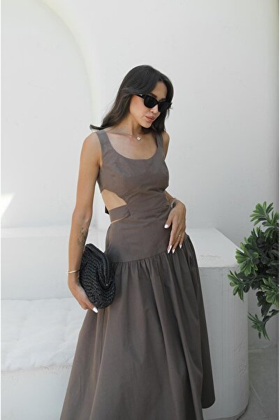 Havoş Brown Back Tie Low-Cut Dress
