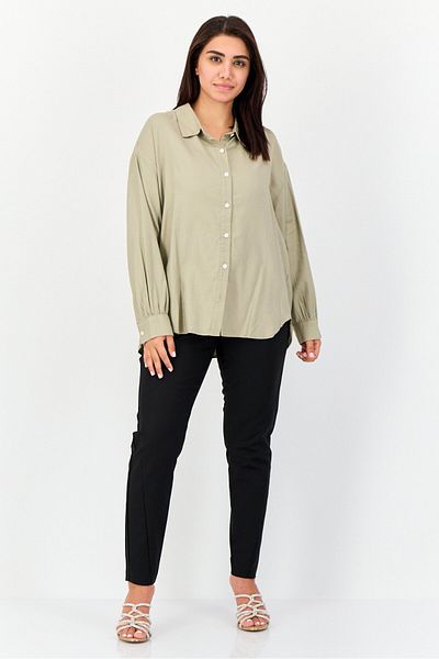 Giordano Women Spread Neck Long Sleeves Plain Shirt, Light Grey