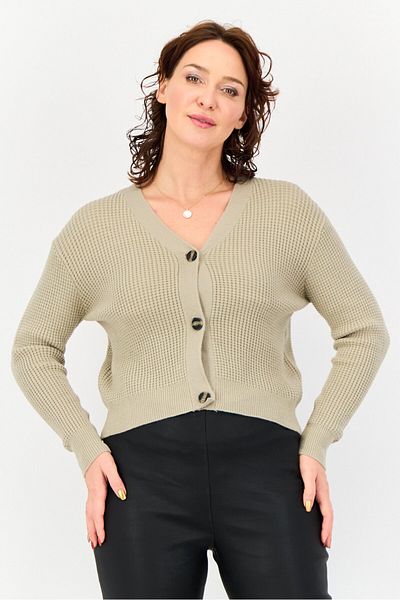 Poof Women V Neck Knitted Cardigan, Olive