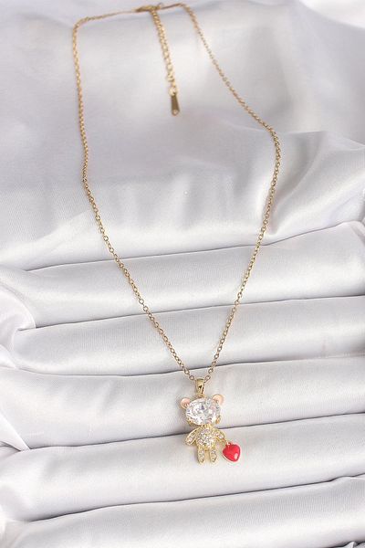 Dazzlecave 316L Stainless Steel Teddy Bear Heart with Stone Necklace - Cute and Meaningful Gift Necklace