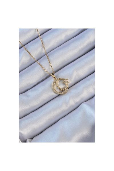 Skygo 316L Steel Chain Gold Color Zircon Stone with Crescent and Star Icon Ataturk Necklace - Tj-Bko9117