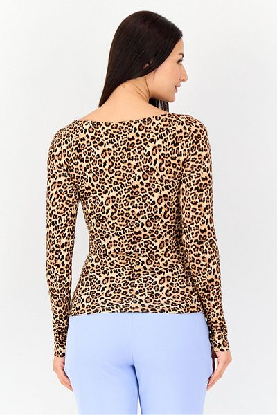 Bebe Women Crew Neck Long Sleeve Animal Print T Shirt, Multicolor