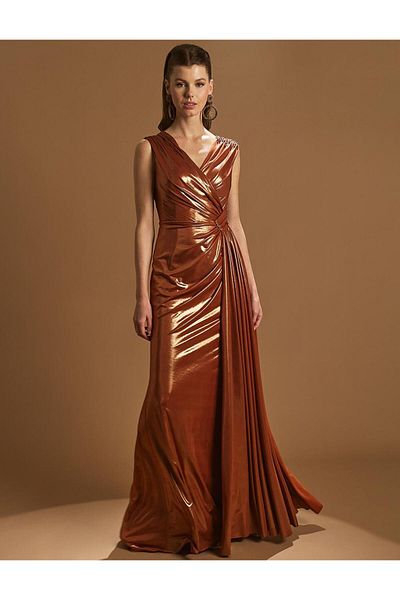 Kayra Fish Form Draped Evening Dress Copper