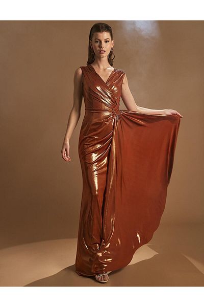 Kayra Fish Form Draped Evening Dress Copper