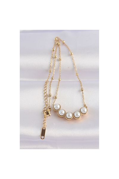 Skygo 316L Steel Chain Gold Color Row Pearl Rhinestone Necklace - Tj-Bko8655