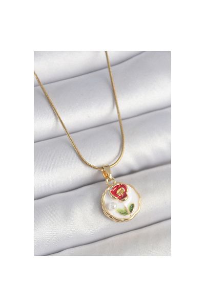 AfraBeauty 316L Steel Gold Color Chain White Minimal Flower Embroidered Pearl Detail Portrait Model Women's Necklace