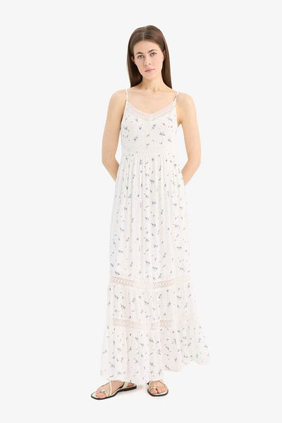 DeFacto A-Line Lace V-Neck Floral Crinkle Fabric Strap Maxi Dress E6069Ax25Sm