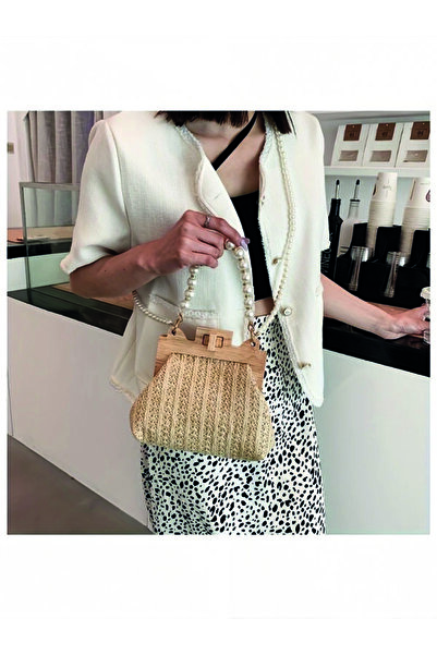 ÇANTA Chic Raffia Tote Women Shoulder Bag Woven Design Straw Bag Pearl Chain Strap Knitting Cream Hand Bag