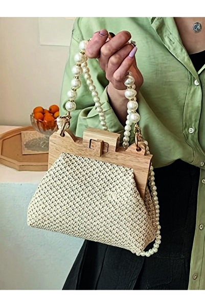 ÇANTA Chic Raffia Tote Women Shoulder Bag Woven Design Straw Bag Pearl Chain Strap Knitting Cream Hand Bag