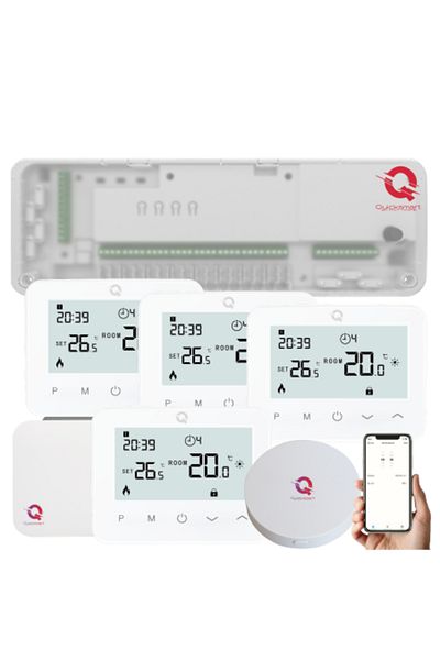 Quicksmart Kit Automatizare Pardoseala Wireless Q20, Controller 8 zone, 4x termostat Q20, Gateway Hub, Control