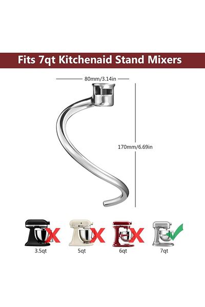Choice Dishwasher Safe,Stainless Steel Dough Hook Attachment for KitchenAid 7 Quart Bowl Lift Stand Mixe...