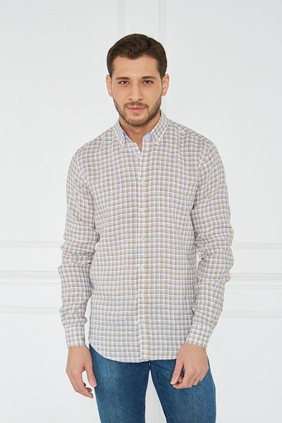Paşahan Giorgianni Lapel Button Plaid Linen Slim Fit Shirt
