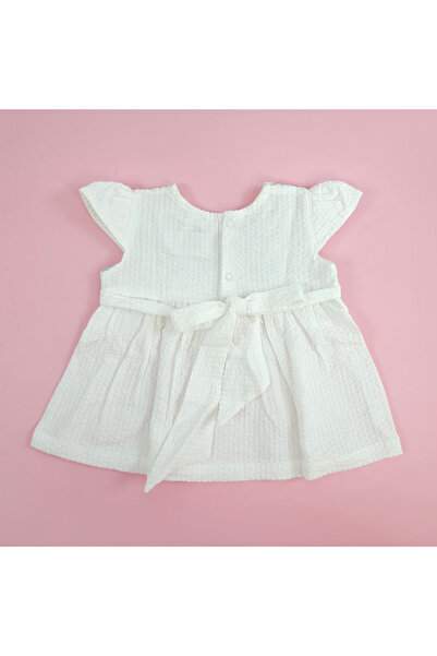 KeeBee Organic Cotton Textured Paisley Embroidered Girls White Dress with Cap Sleeves