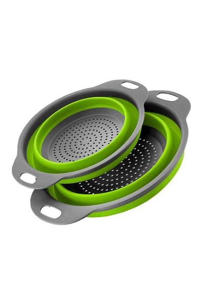 Generic 2-Piece Round Foldable Vegetable Strainer Basket Green/Grey 29x24x9.5cm
