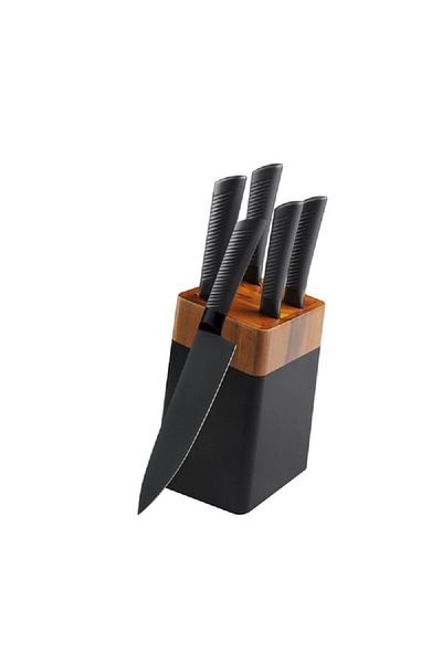 Hatchen 6-Piece Stainless Steel Sharp Blade Kitchen Knife Set with Storage Block Black and Brown