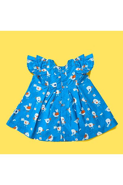 KeeBee Organic Cotton Blue Birdie Printed Girls Iris Dress