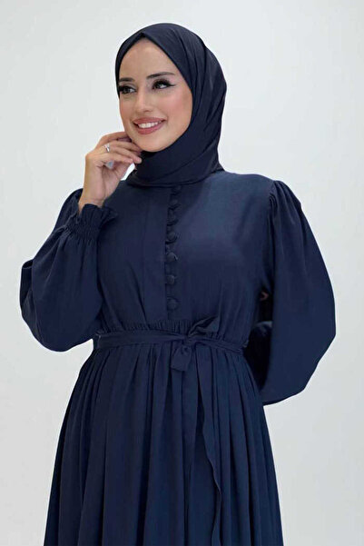 Bym Fashion Dress with Elastic Sleeves and Button Detail on the Front 6040 Navy Blue