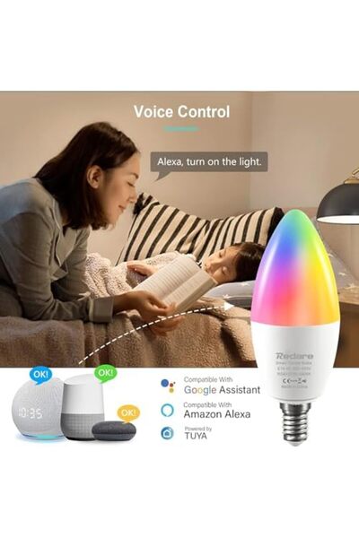 Generic لمبات شموع ذكية من ريدير أليكسا E14، مصابيح ذكية C37 قابلة للتعتيم مزودة بخاصية واي فاي، 500 لومن، 5 وات، استبدال 60 وات، لون أبيض