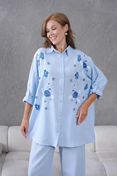 BURRASCA قميص كتان كبير الحجم مع تطريز