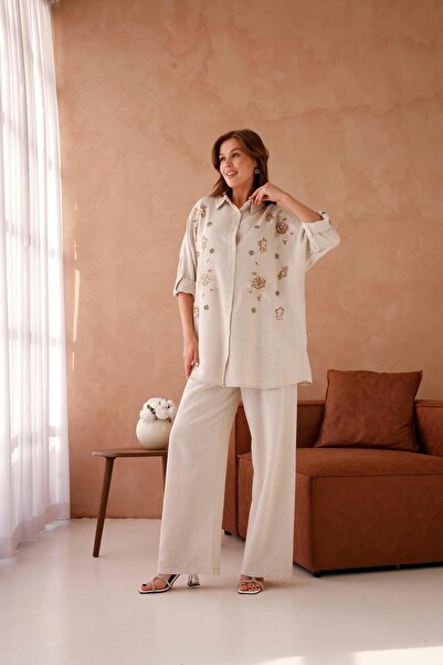 BURRASCA NAKIŞ İŞLEMELİ OVERSIZE KETEN GÖMLEK