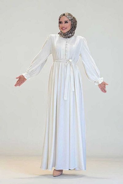 Bym Fashion Dress with Elastic Sleeves and Button Detail on the Front 6040 Ecru