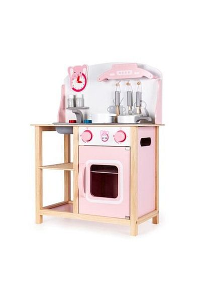 SMARTIC Wooden Children's Kitchen, with Sound Effects, Oven, Hob and 7 Accessories, Pink